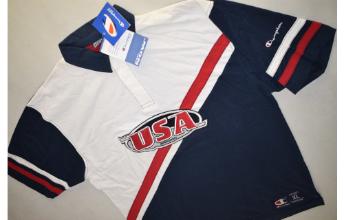 Champion Polo T-Shirt USA Vintage Deadstock Casual Style Spellout 90er 90s XL